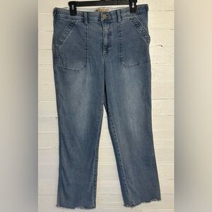 Democracy sailor pocket style jeans, women’s size 12,  blue wash. Raw hem.